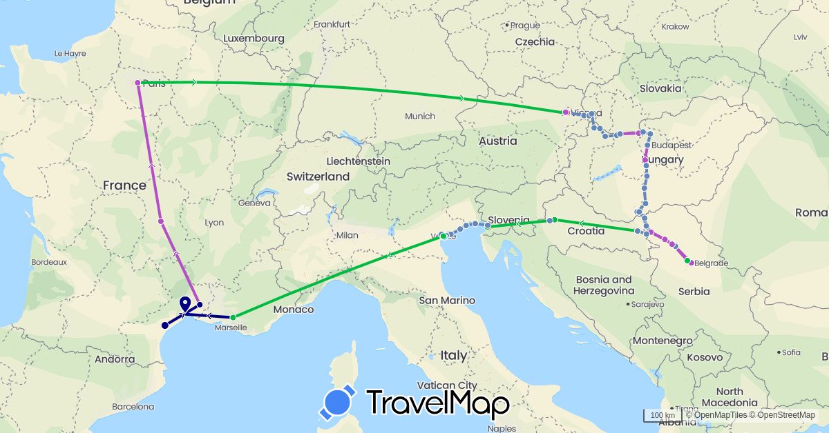 TravelMap itinerary: driving, bus, cycling, train, hiking, boat in Austria, France, Croatia, Hungary, Italy, Serbia, Slovakia (Europe)
